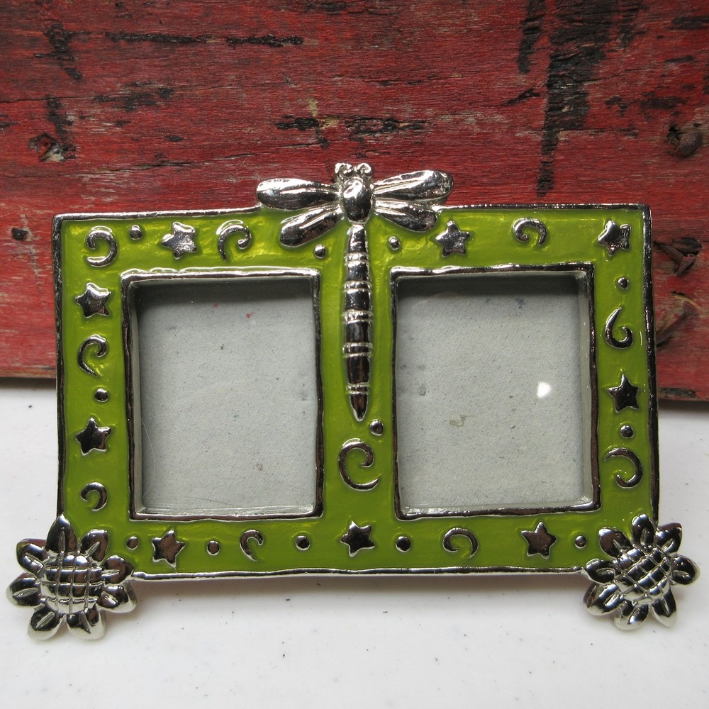 Dragonfly & Stars Dual Photo Frame Green Enamel Silver Tone Metal 2-Picture